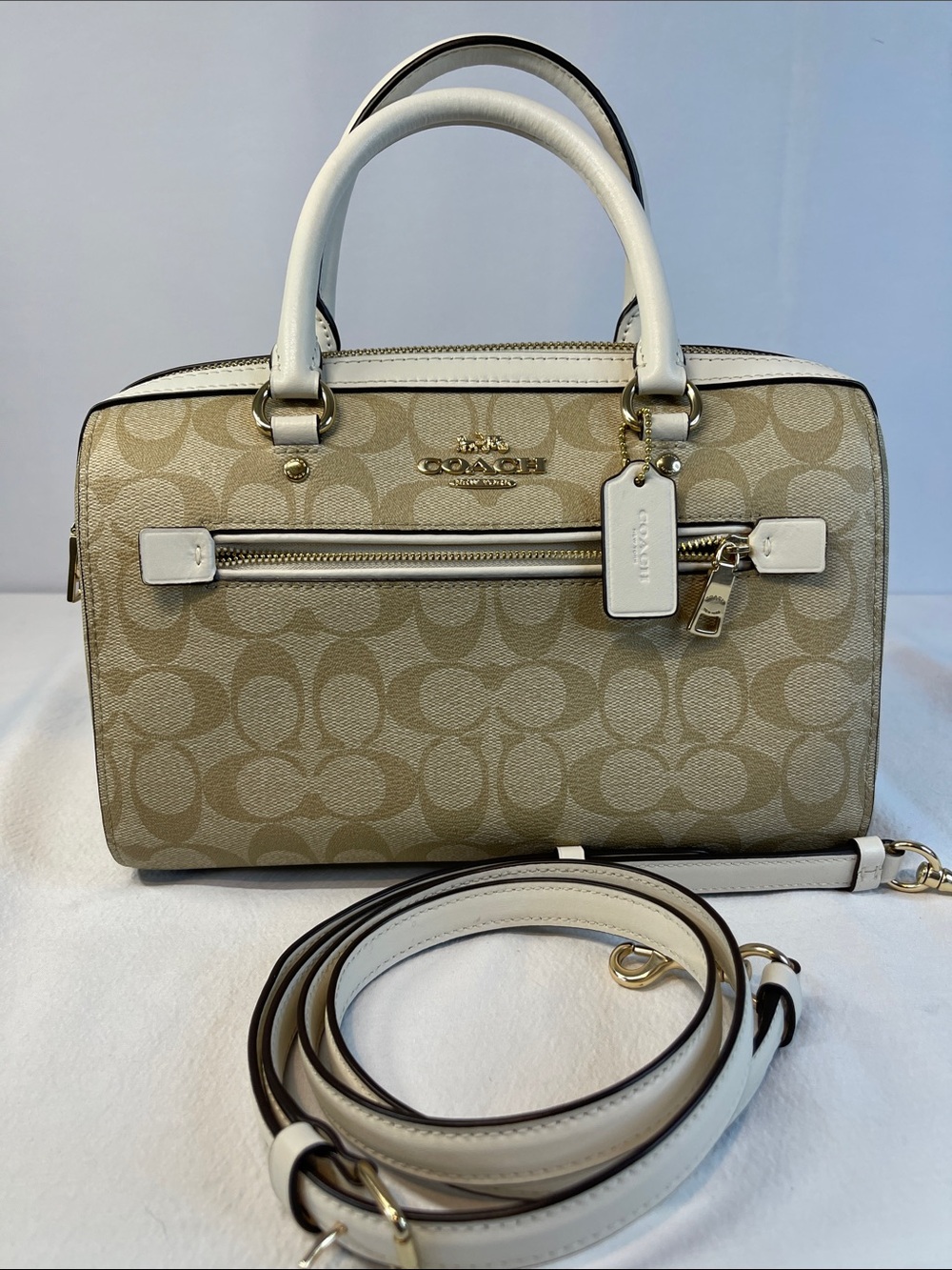 Coach Rowan F83607 Signature Canvas Chalk Leather Satchel Crossbody